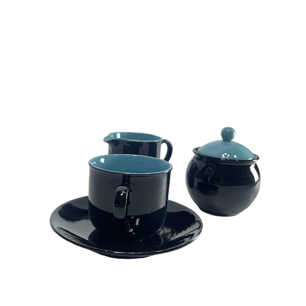 Vintage Tea Pot Tea Cup Set Black and Blue Ceramic Coffee Cup Set